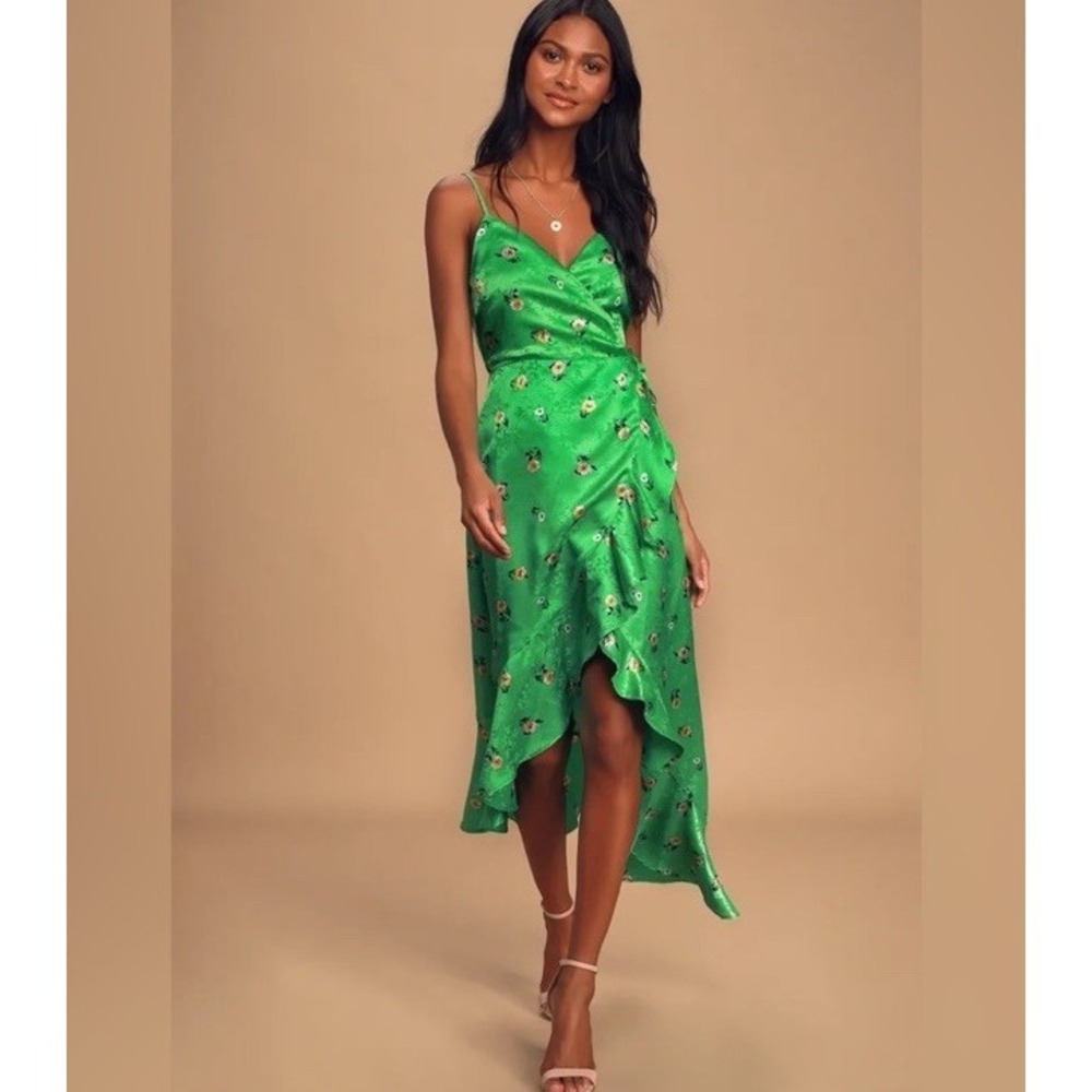 Lulus Chic Style Green Floral Jacquard Satin High-Low Midi Wrap Dress 0591